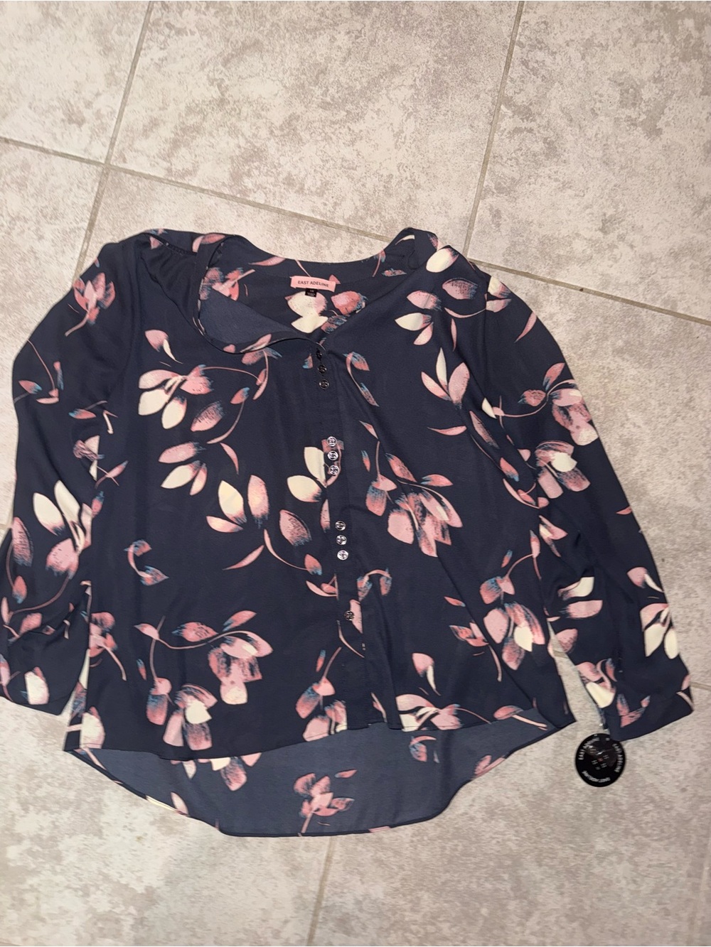 Navy Floral Button-Front Blouse with Pink Accents
